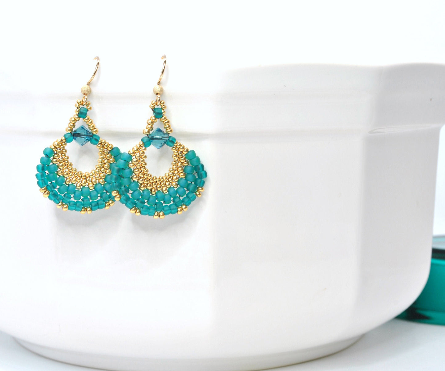 gold and teal beaded fan earrings . statement earrings. lightweight earrings . teal fan earrings . gold fan earrings . nickel free jewelry