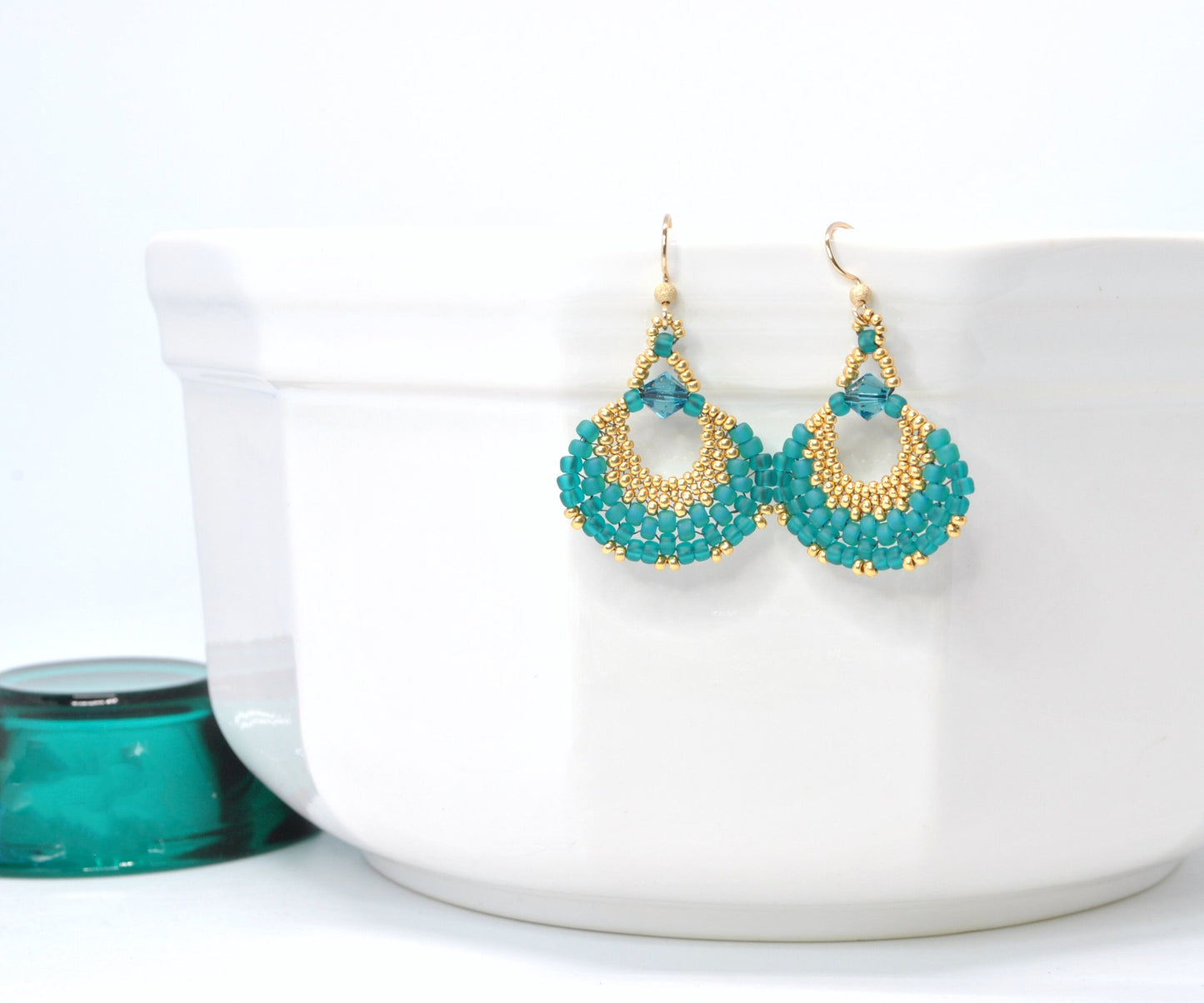 gold and teal beaded fan earrings . statement earrings. lightweight earrings . teal fan earrings . gold fan earrings . nickel free jewelry