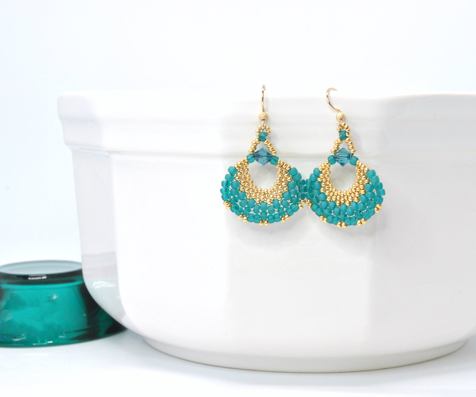 gold and teal beaded fan earrings . statement earrings. lightweight earrings . teal fan earrings . gold fan earrings . nickel free jewelry