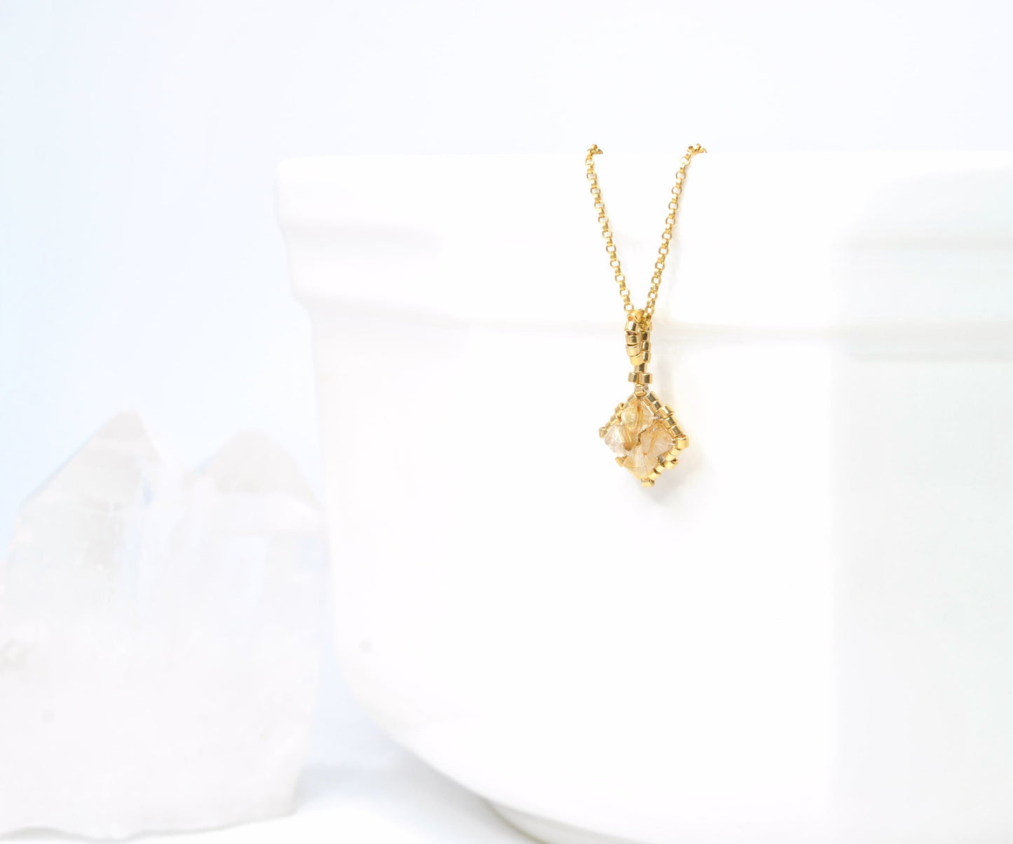 gold rutilated quartz gemstone pendant. gold gemstone necklace . 24k gold . handmade jewelry . nickel free jewelry . dainty necklace