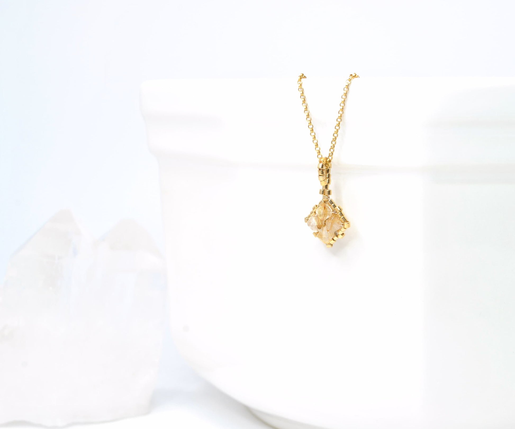 gold rutilated quartz gemstone pendant. gold gemstone necklace . 24k gold . handmade jewelry . nickel free jewelry . dainty necklace