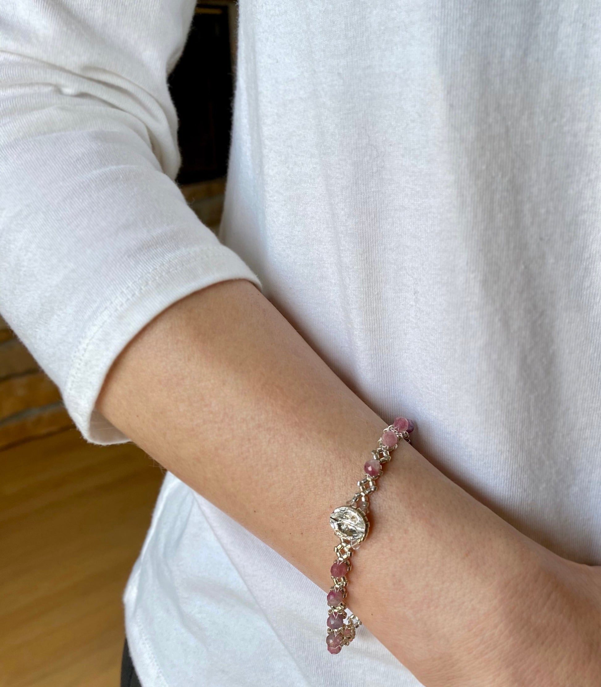 pink tourmaline delicate beaded bracelet . pink tourmaline gemstone . dainty bracelet . pink gemstone . delicate pink gemstone bracelet