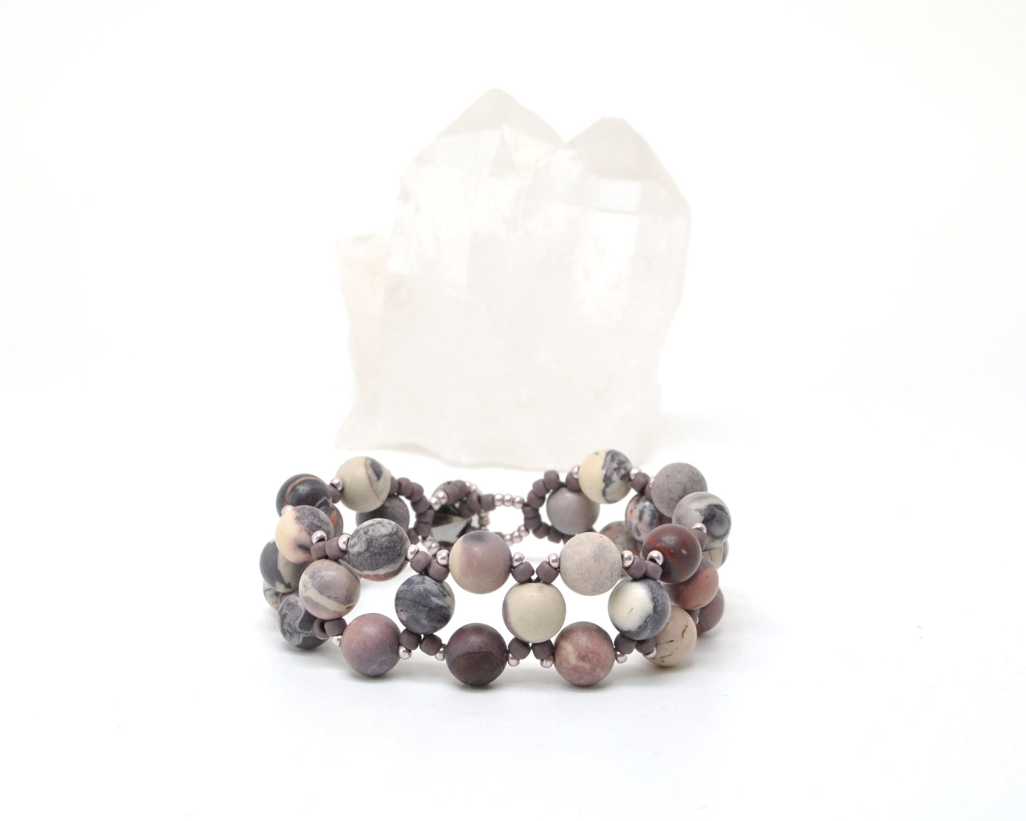 porcelain jasper purple beaded bracelet . purple gemstone bracelet . matte gemstone bracelet . purple and white gemstone bracelet .