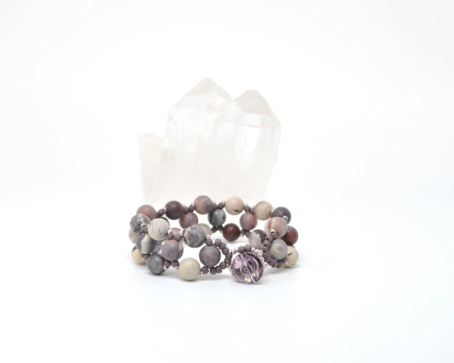 porcelain jasper purple beaded bracelet . purple gemstone bracelet . matte gemstone bracelet . purple and white gemstone bracelet .