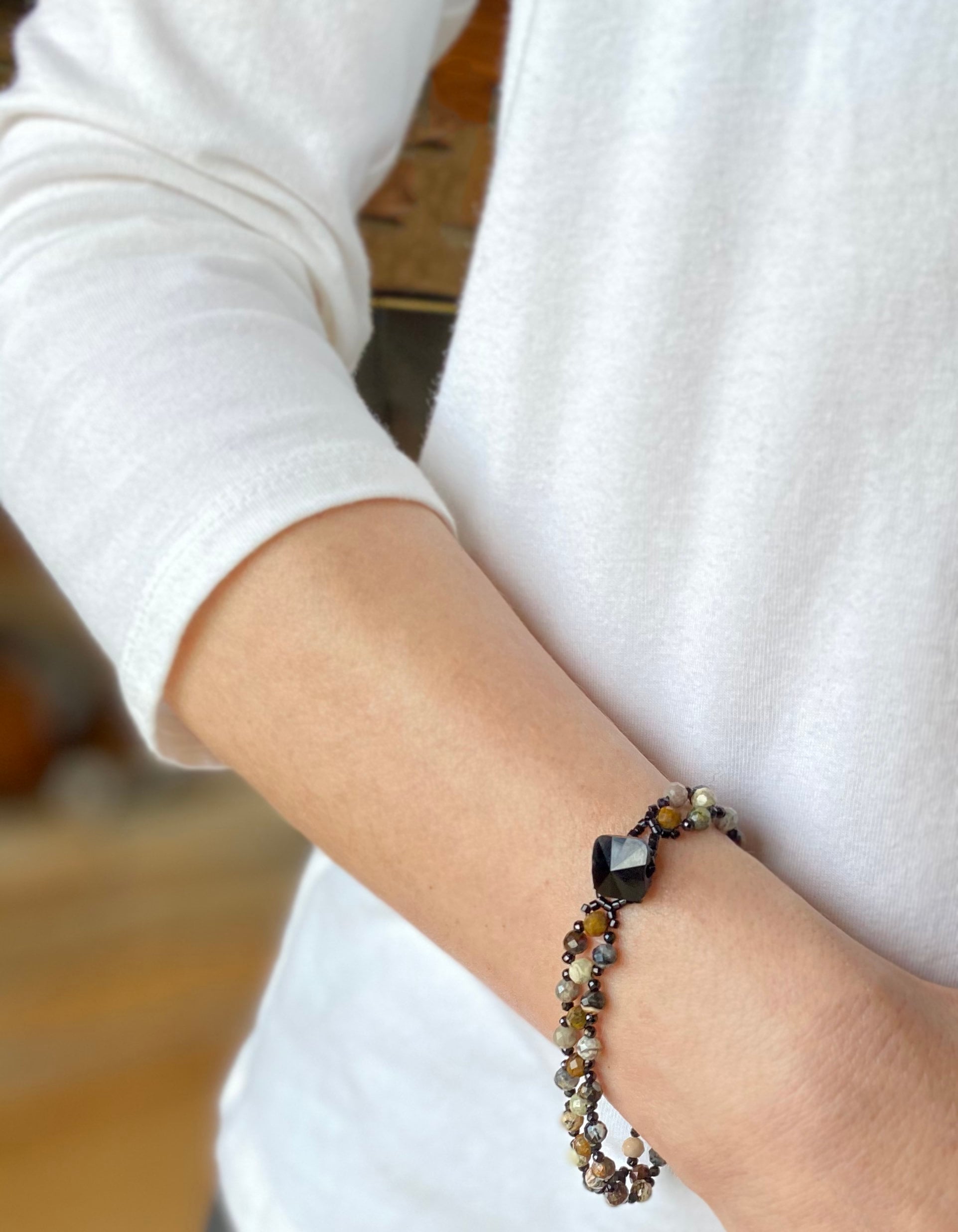 delicate jasper & spinel beaded gemstone bracelet . dainty gemstone bracelet . neutral colors . nickel free jewelry . flat bracelet . black
