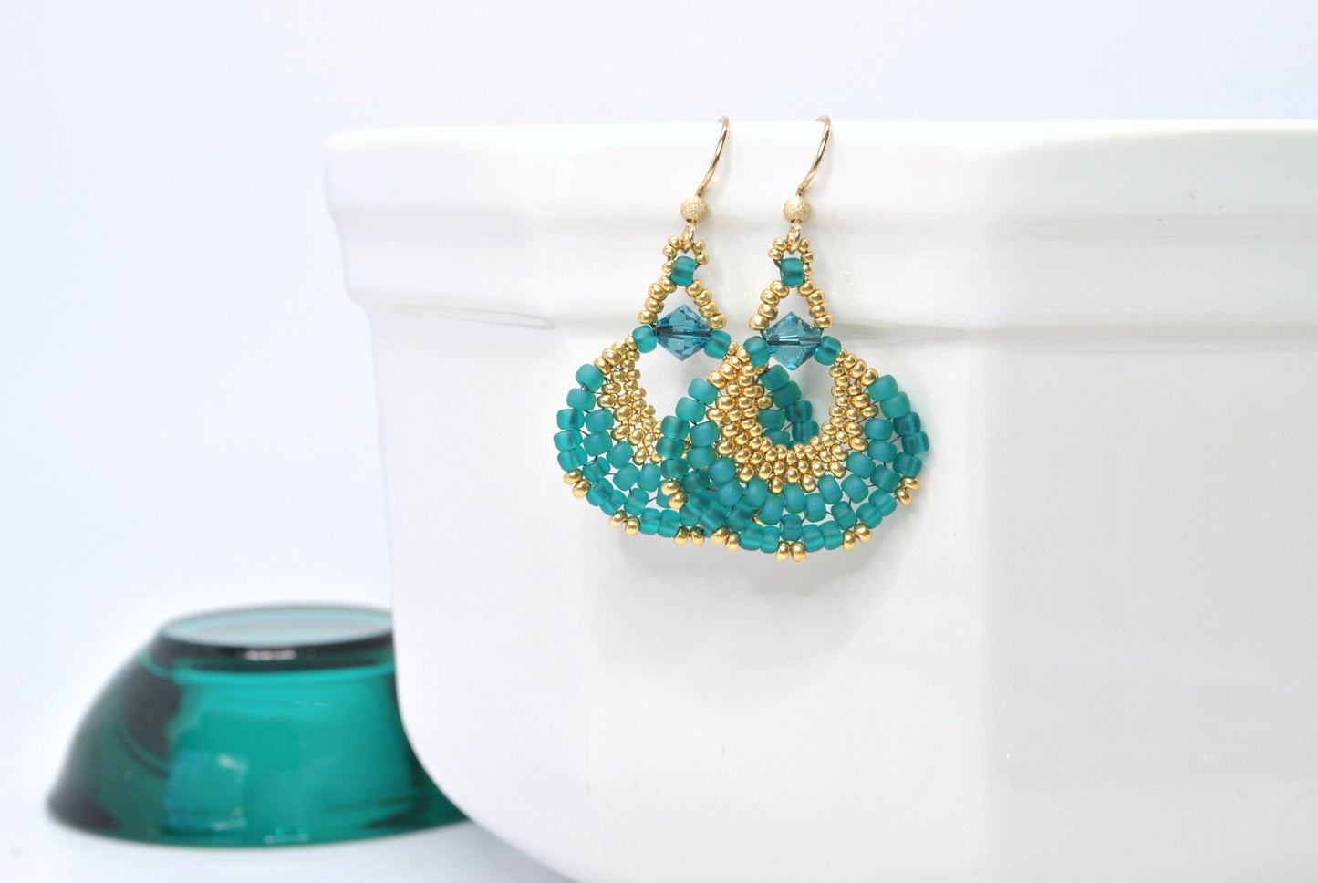 gold and teal beaded fan earrings . statement earrings. lightweight earrings . teal fan earrings . gold fan earrings . nickel free jewelry