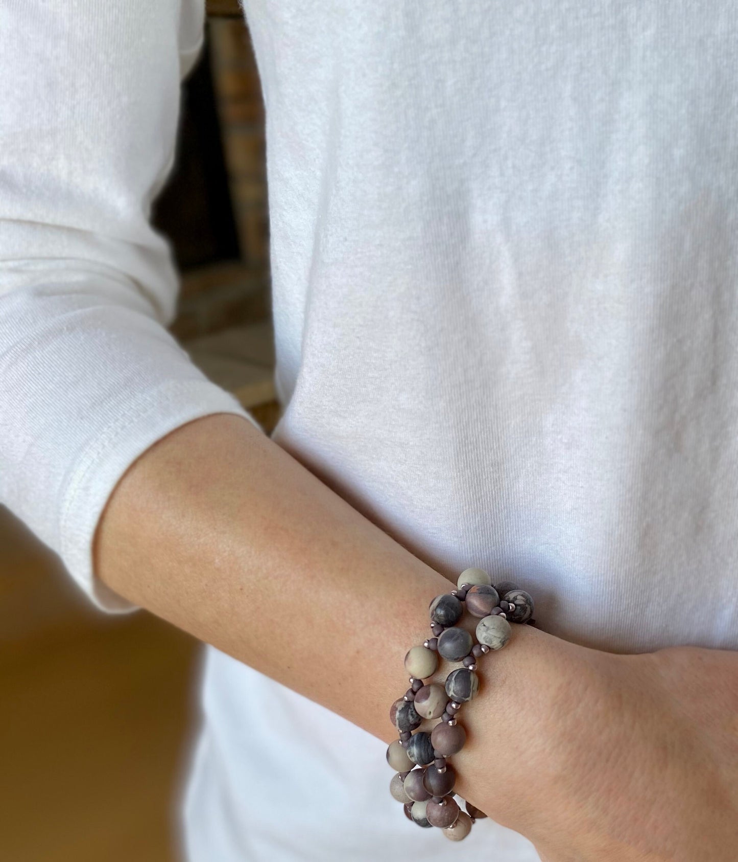 porcelain jasper purple beaded bracelet . purple gemstone bracelet . matte gemstone bracelet . purple and white gemstone bracelet .