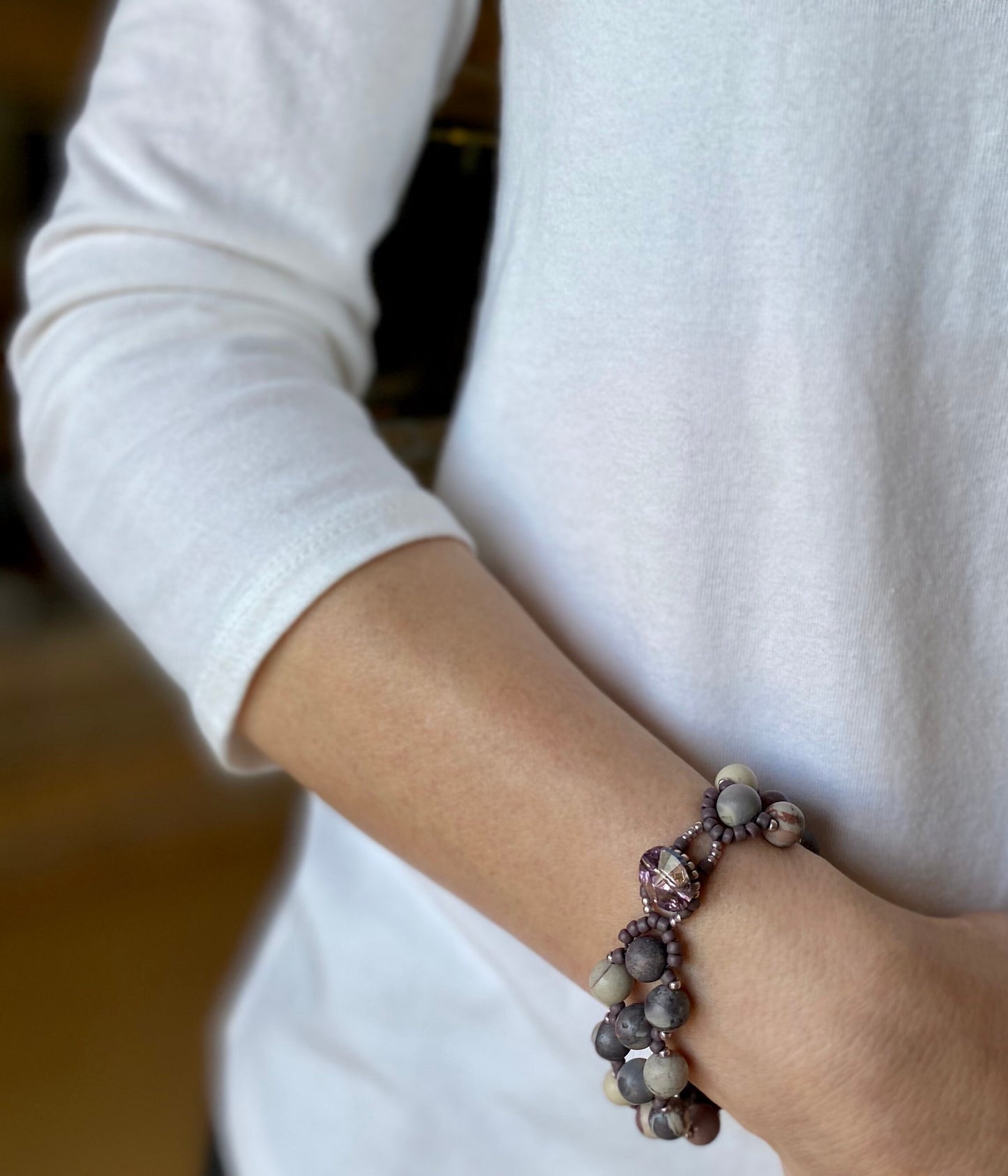porcelain jasper purple beaded bracelet . purple gemstone bracelet . matte gemstone bracelet . purple and white gemstone bracelet .