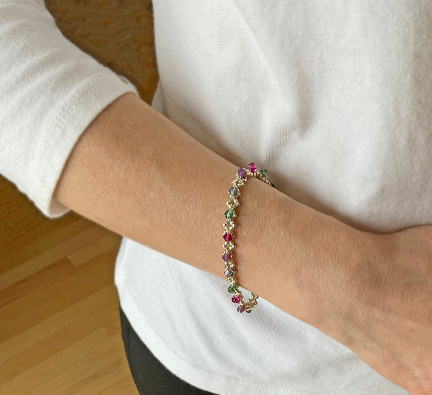 delicate swarovski crystal bracelet . southwest . unique gift . dainty . colorful, magenta pink mauve purple, teal, warm silver bracelet