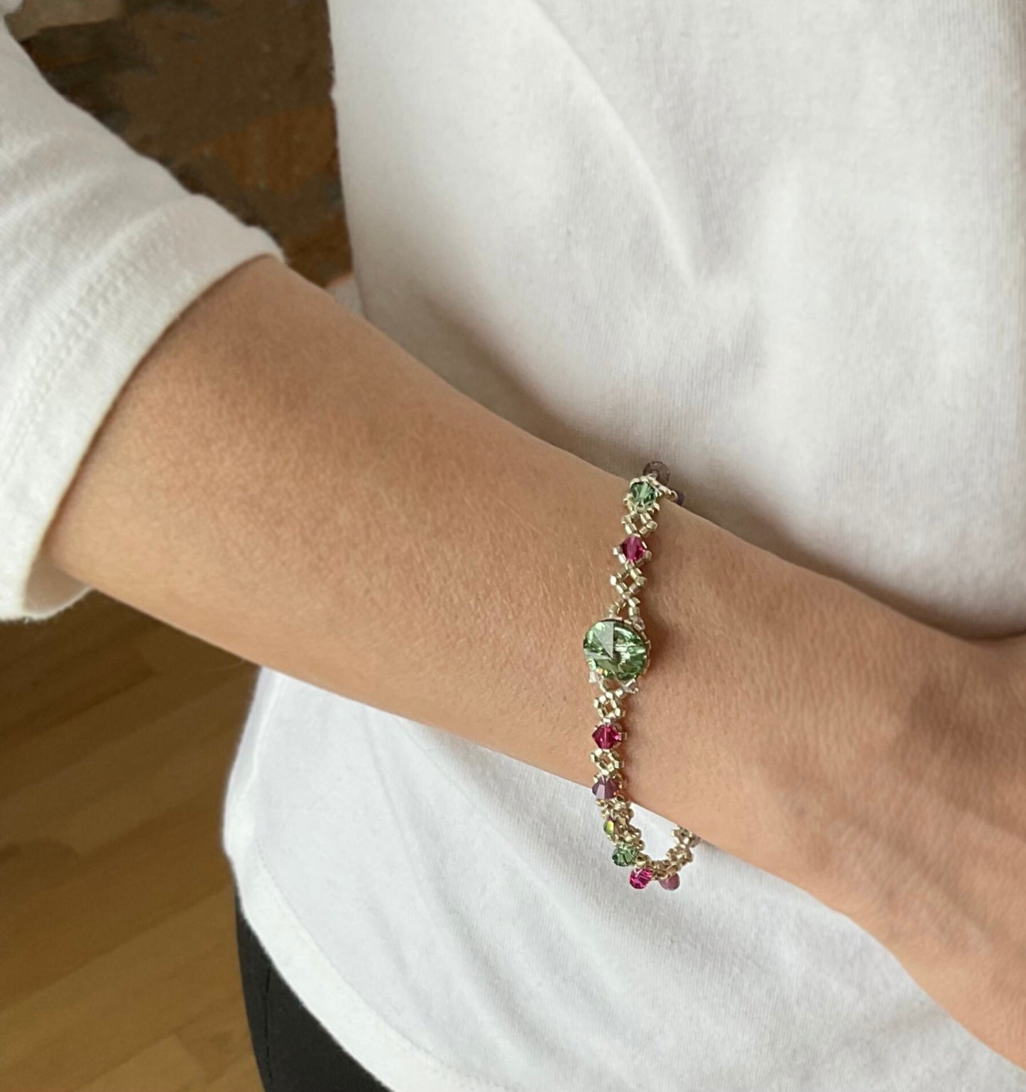 delicate swarovski crystal bracelet . southwest . unique gift . dainty . colorful, magenta pink mauve purple, teal, warm silver bracelet
