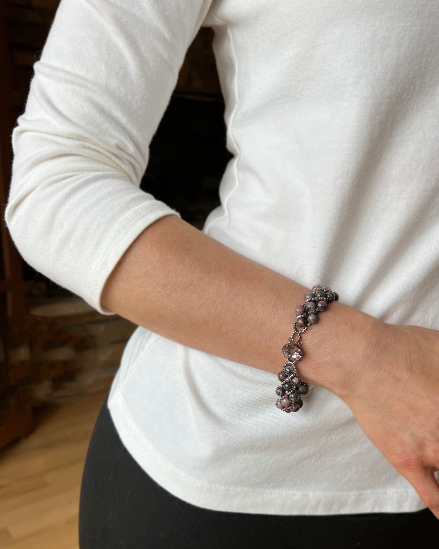 rhodonite and black lace ruby beaded bracelet . pink and black bracelet .