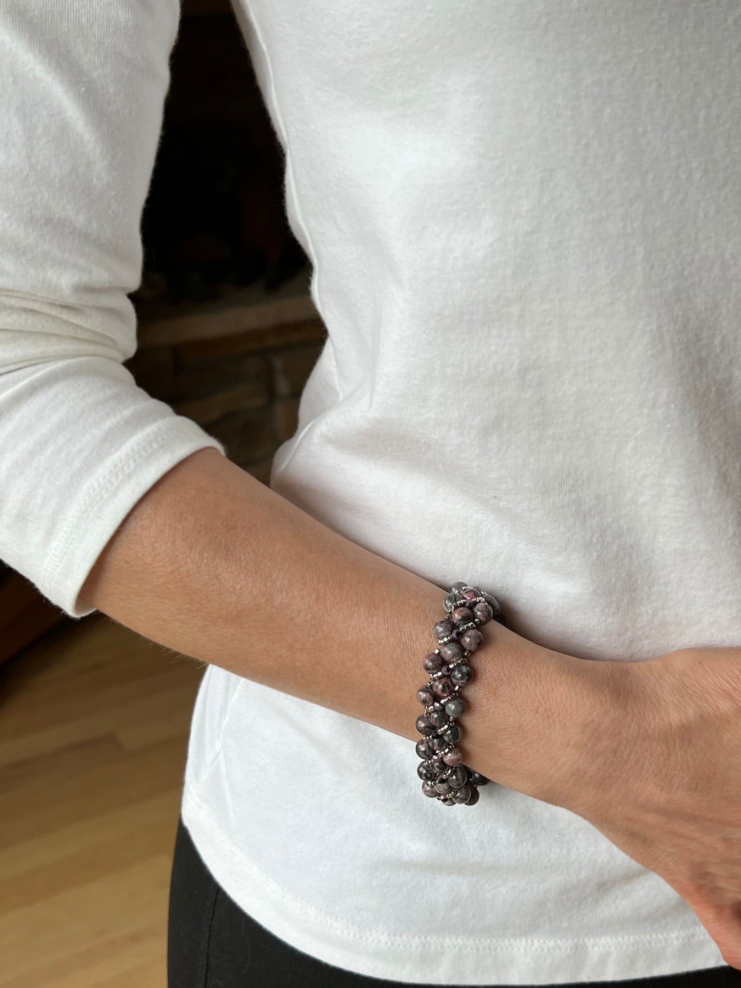 rhodonite and black lace ruby beaded bracelet . pink and black bracelet .