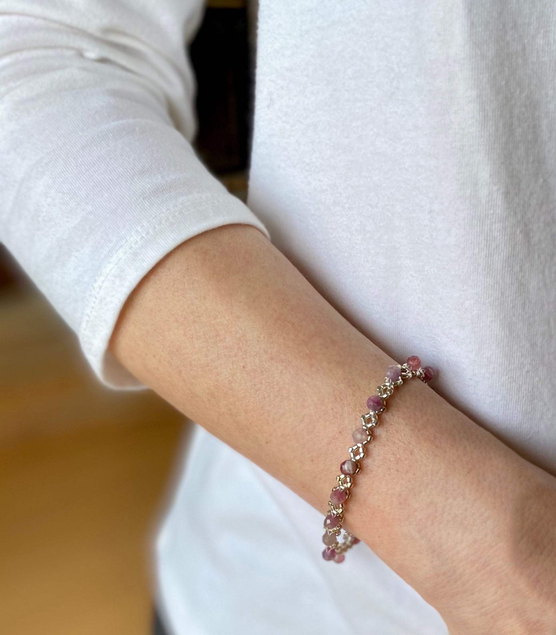 pink tourmaline delicate beaded bracelet . pink tourmaline gemstone . dainty bracelet . pink gemstone . delicate pink gemstone bracelet