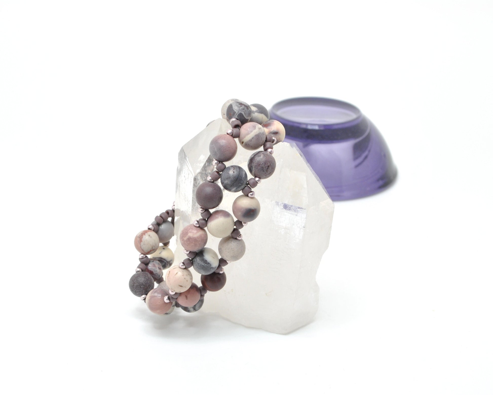 porcelain jasper purple beaded bracelet . purple gemstone bracelet . matte gemstone bracelet . purple and white gemstone bracelet .